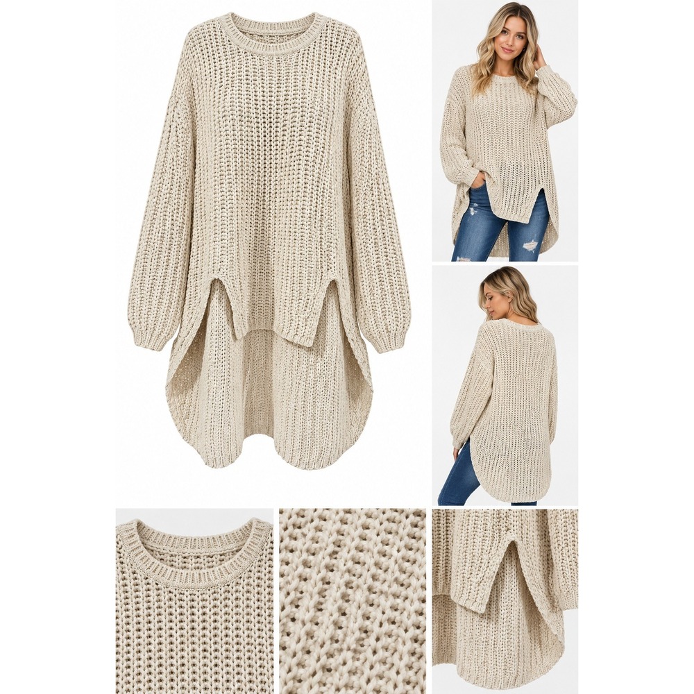 B- 76- POL Clothing Cream Beige Chunky Knit Oversized High Low Sweater Medium